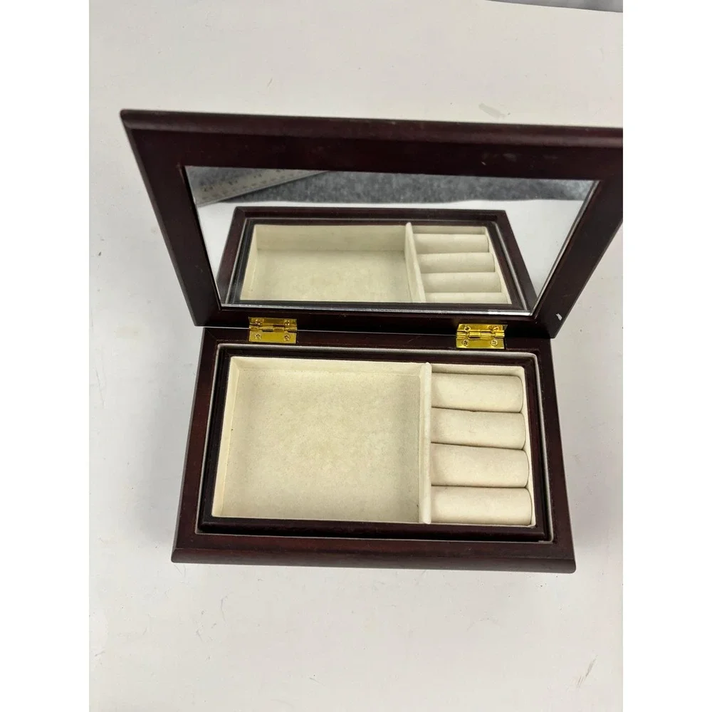 Vintage Wooden Jewelry Box Floral Tapestry Top Mirror‎ Vanity Keepsake Box